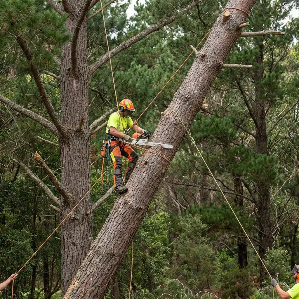 Démontage en rétention par Rubens — Vertical Élagage Perpignan Élagueur grimpeur en démontage par rétention d'un arbre dans le 66 — sections retenues aux cordes pour abattage contrôlé Vertical Élagage