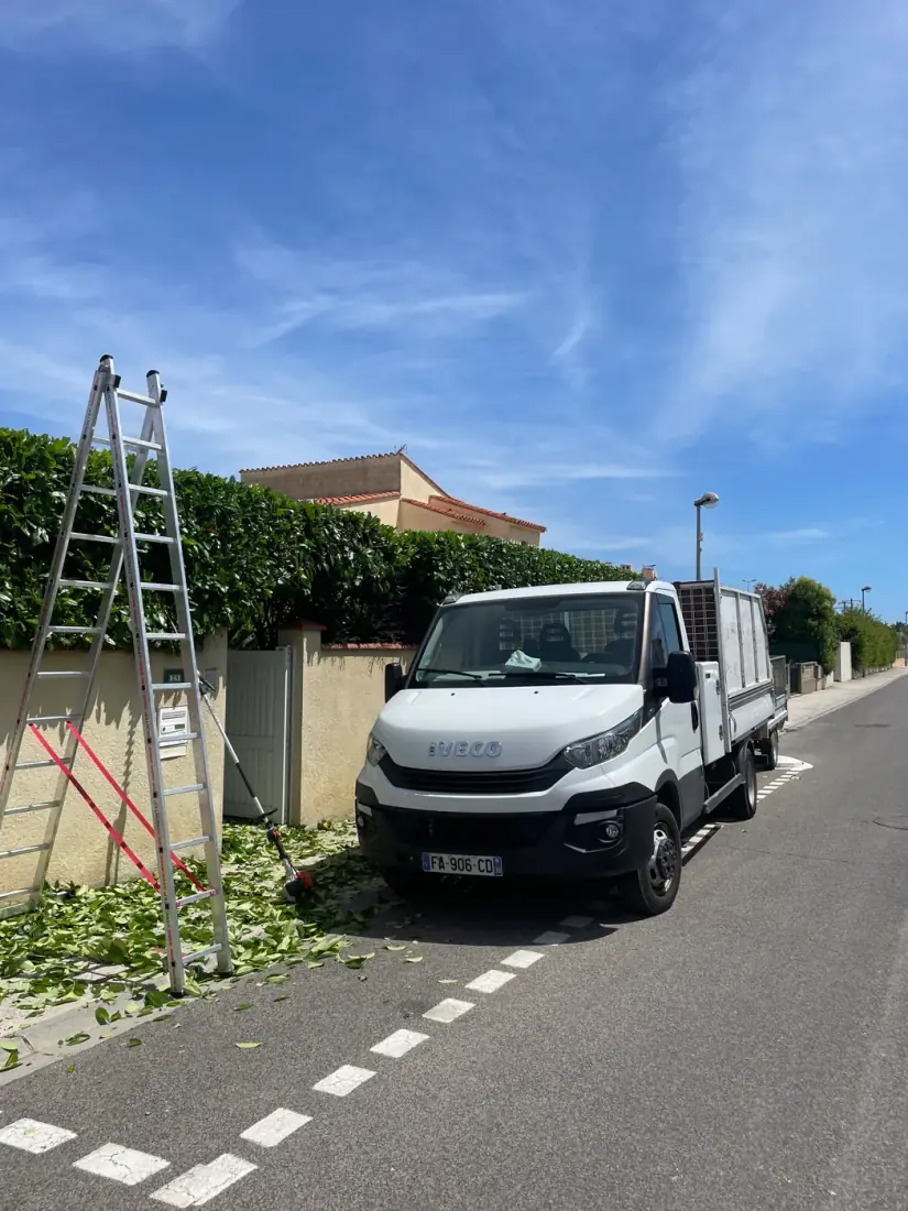 Camion-benne Iveco de Vertical Élagage sur un chantier d'élagage avec échelles et déchets verts — Perpignan 66