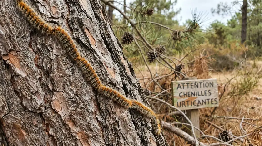 Procession de chenilles processionnaires du pin en file indienne le long d'un tronc dans les Pyrénées-Orientales, avec panneau d'avertissement chenilles urticantes