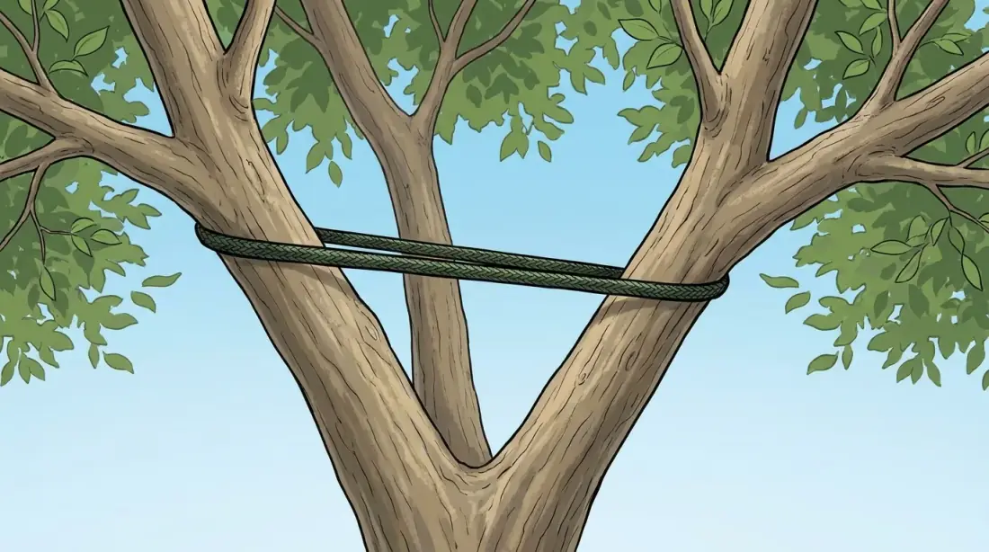 Schéma de haubanage dynamique - sangle textile entre deux charpentières d'un arbre, Vertical Élagage 66