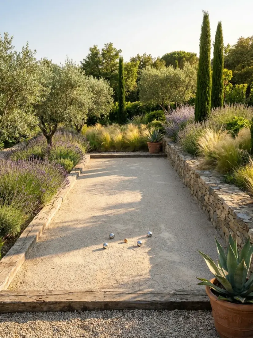 Création d'un terrain de pétanque — Vertical Élagage Perpignan Terrain de pétanque aménagé dans un jardin à Perpignan — paysagiste et création d'espaces, Vertical Élagage 66
